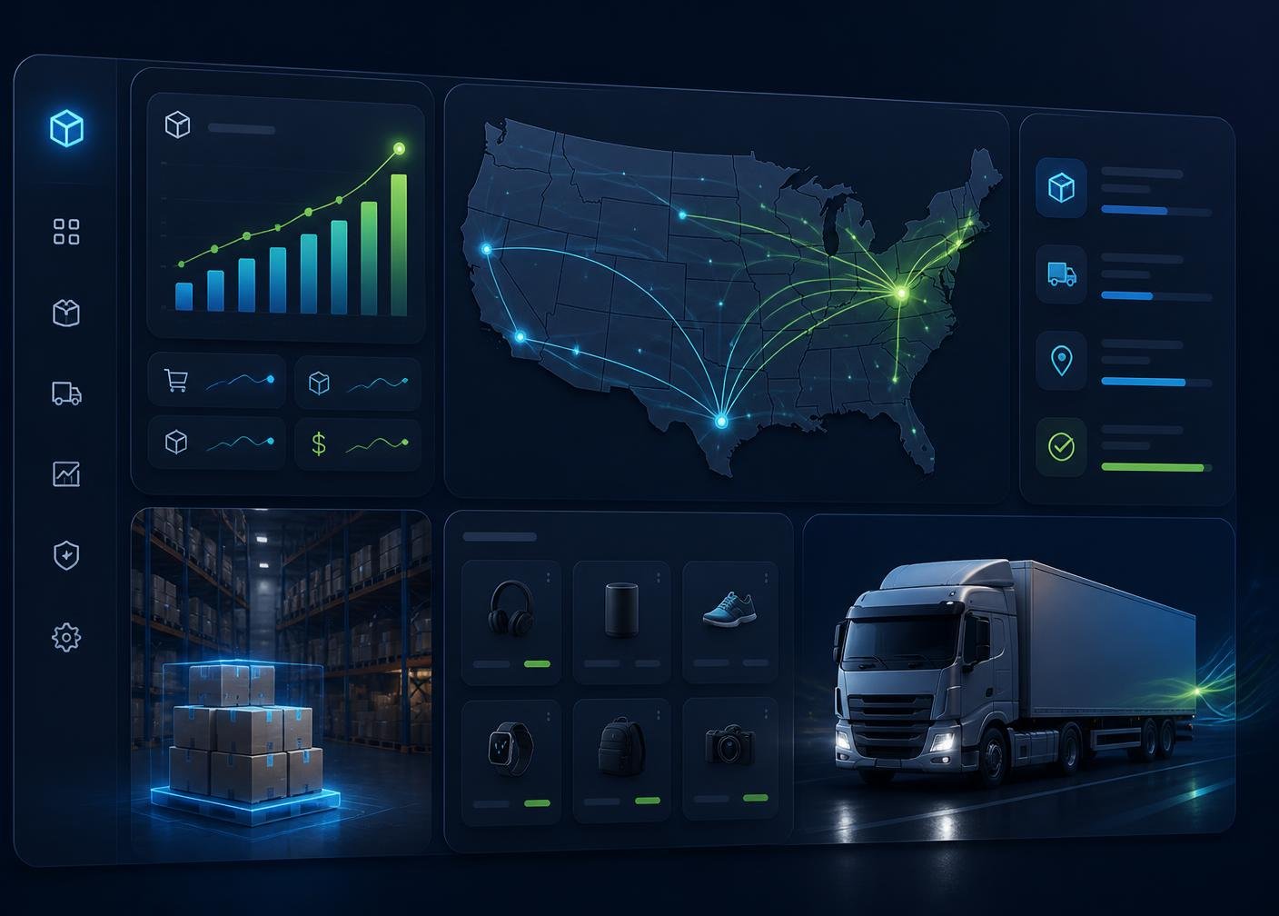 TrendzVibe LLC warehouse dashboard showing US shipping routes, live order analytics, and same-day fulfillment
